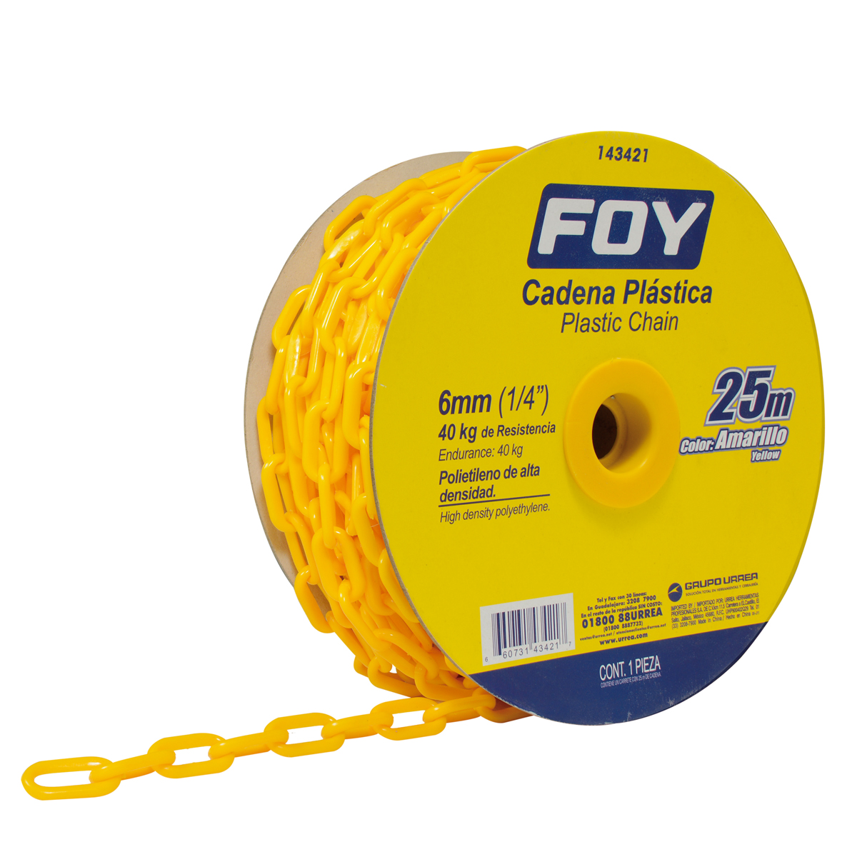 Cadena plástica calibre 6 mm de 25 m color amarillo Foy
