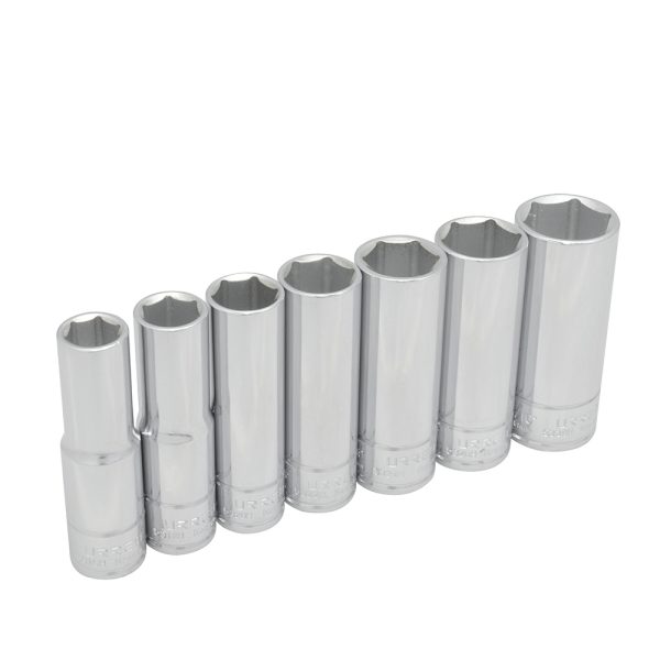 Juego de 7 dados largos en pulgadas cuadro de 1/2", 6 puntas, en riel Urrea