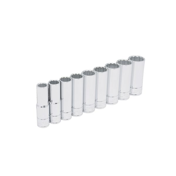 Juego de 9 dados largos en pulgadas cuadro de 1/2", 12 puntas, en riel Urrea