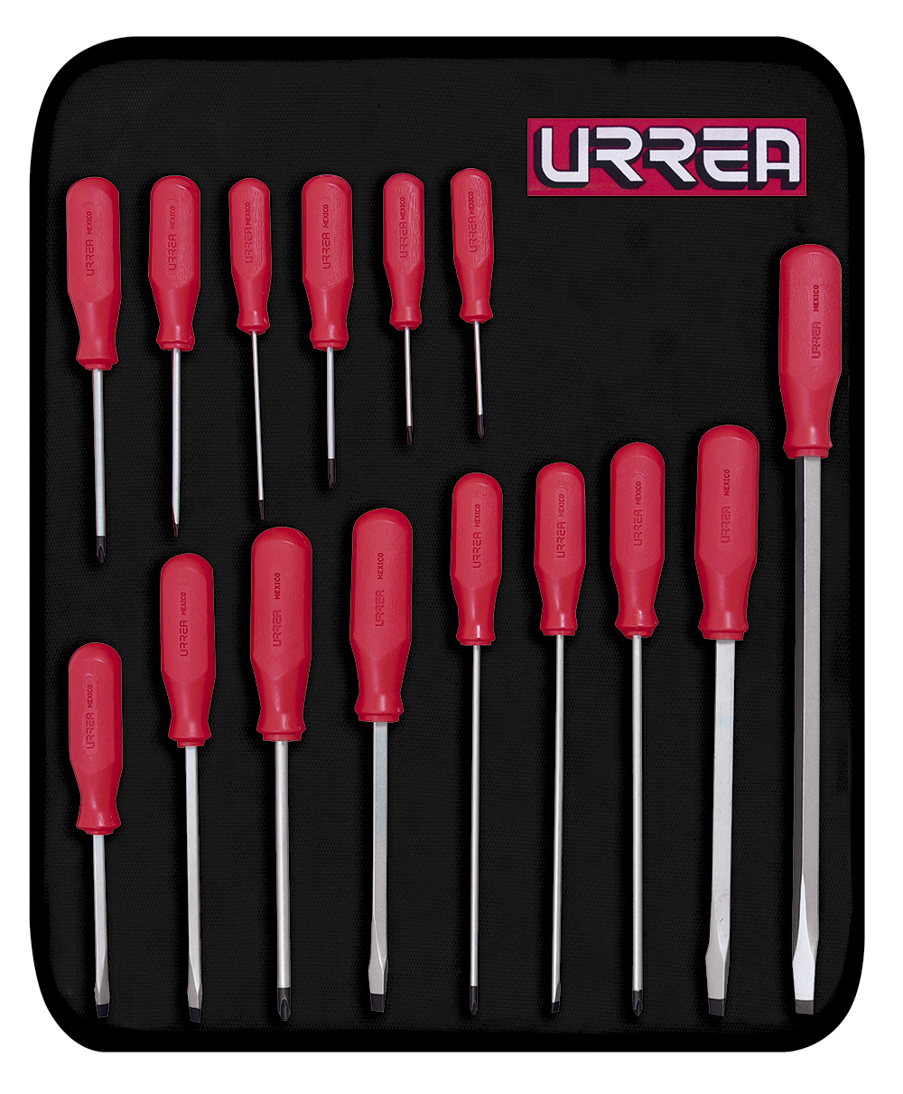 Juego de 15 destornilladores con mango rojo, combinados Urrea