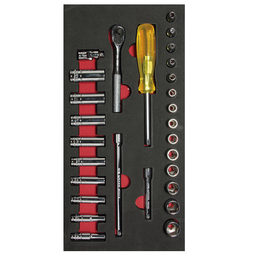 Juego de dados cortos y largos y accesorios cuadro de 1/4" métricos, 28 piezas Urrea