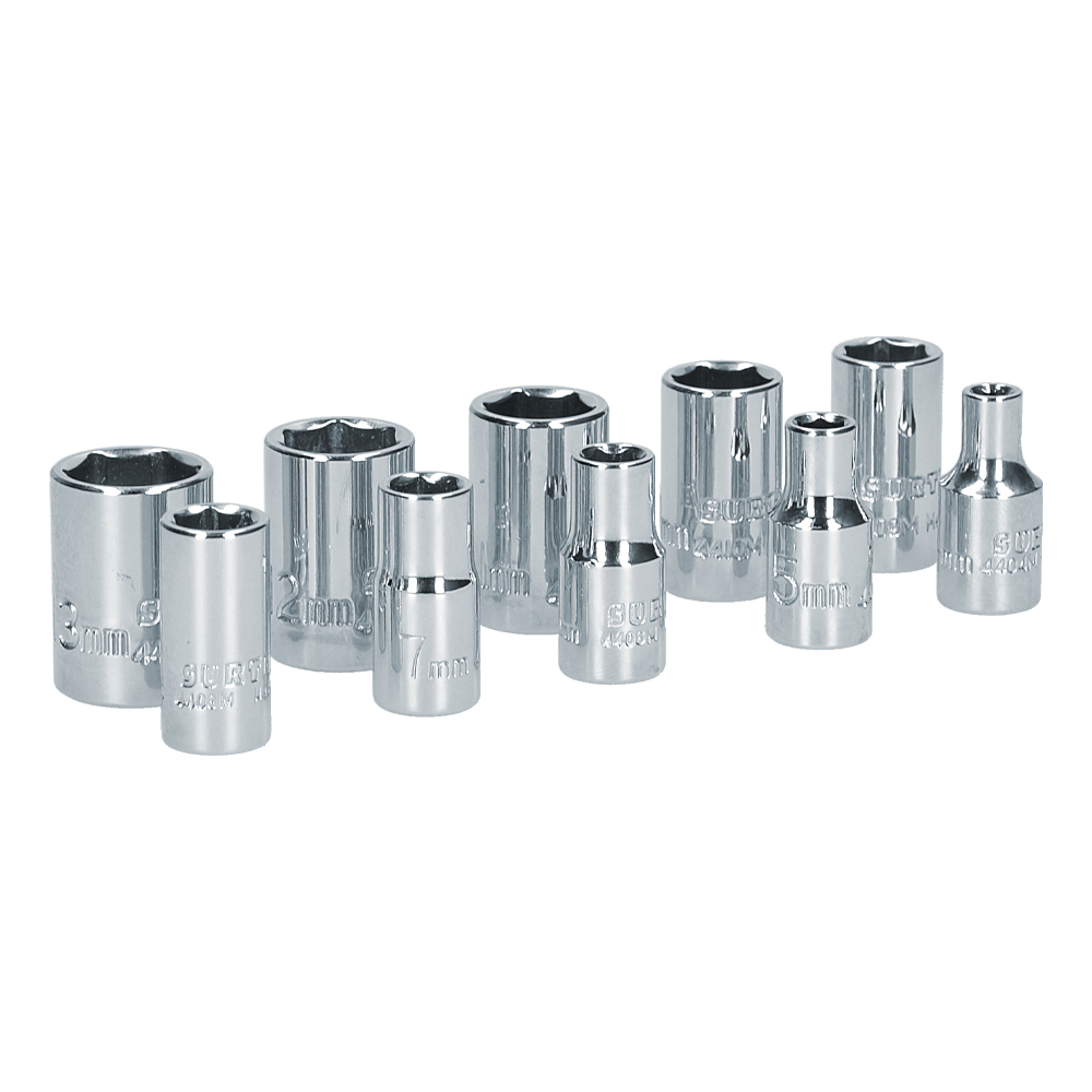 Juego de 10 dados métricos cuadro de 1/4", 6 puntas, en riel Surtek